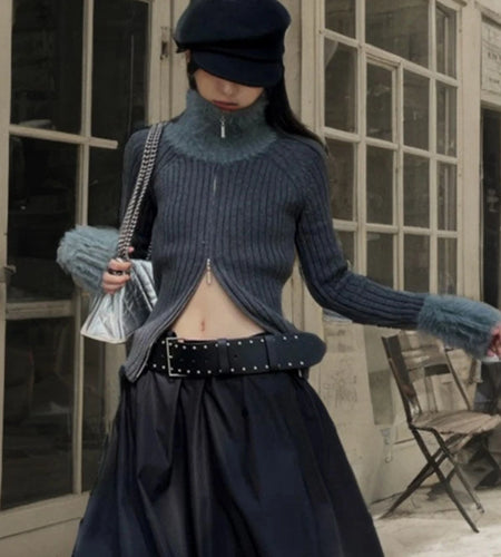 Y2k Aesthetic Patchwork Fur Slim Fit Cardigan Turtleneck Streetwear Grey Crop Tops Double Zippers Autumn Grunge Vintage Sweater