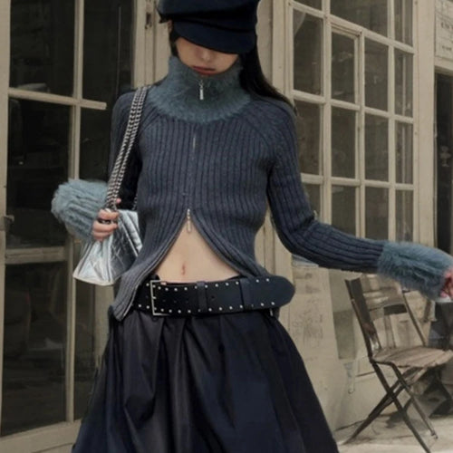 Load image into Gallery viewer, Y2k Aesthetic Patchwork Fur Slim Fit Cardigan Turtleneck Streetwear Grey Crop Tops Double Zippers Autumn Grunge Vintage Sweater
