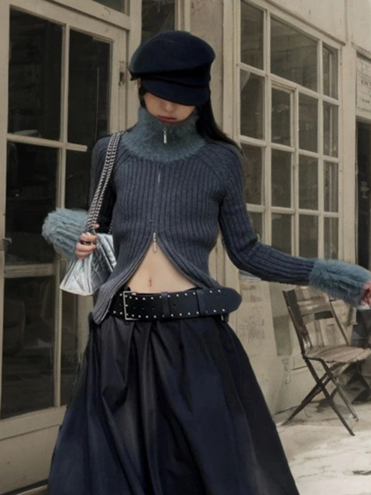 Y2k Aesthetic Patchwork Fur Slim Fit Cardigan Turtleneck Streetwear Grey Crop Tops Double Zippers Autumn Grunge Vintage Sweater