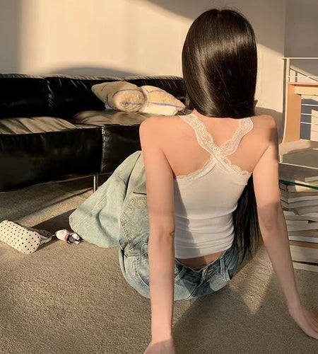 y2k Tank Tops Women Aesthetic Clothes Lace Patchwork Scoop Neck Sleeveless Backless T Shirts 2000s Clothing Streetwear