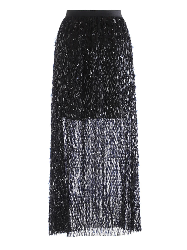 High Elastic Waist Khaki Sequins Shining Elegant Long Party Half-body Skirt Women Fashion New Spring Autumn 2025  1DJ1076