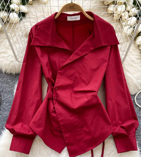 Retro Women's Spring Solid Festival Button Pleated Irregular Shirts New Temperament Office Business Commuting Blouse Trendy Tops