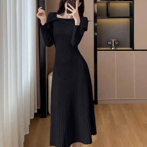 Load image into Gallery viewer, Black Elegant Long Sleeve Knit Dress Women Autumn Beige Bow French Fashion Slim Casual Ladies Midi Red Party Dresses Simplicity
