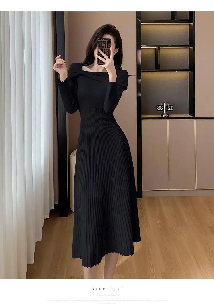 Black Elegant Long Sleeve Knit Dress Women Autumn Beige Bow French Fashion Slim Casual Ladies Midi Red Party Dresses Simplicity