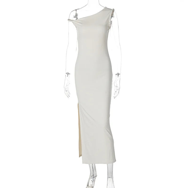 Inclined Shoulder Backless Slit Maxi Dress For Women Fashion Diagonal Collar Sleeveless Bodycon Sexy Long Dress Elegant