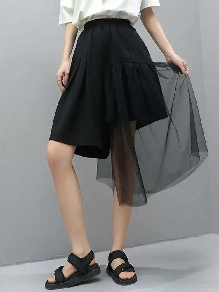 High Elastic Waist Irregular Mesh Black Wide Leg Pants New Loose Fit Trousers Women Fashion Spring Summer 2025 1DF4795