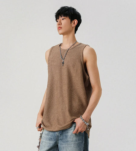 Loose Male Vest Loose Stripe Sleeveless T-shirt Pullover Solid Color T-shirts Men's Casual Top Summer Trend Handsome 9W1297