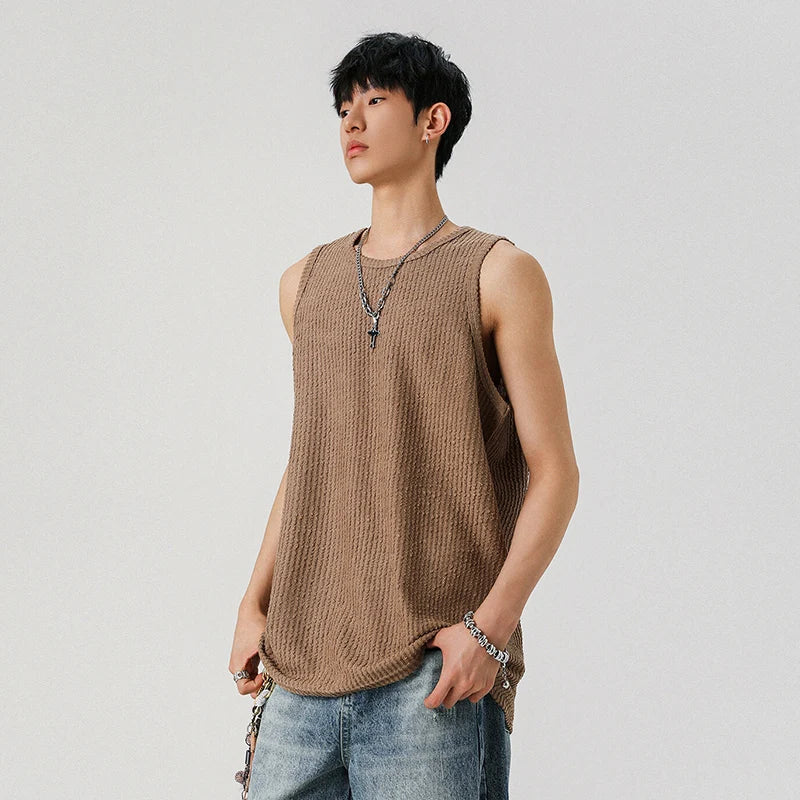 Loose Male Vest Loose Stripe Sleeveless T-shirt Pullover Solid Color T-shirts Men's Casual Top Summer Trend Handsome 9W1297