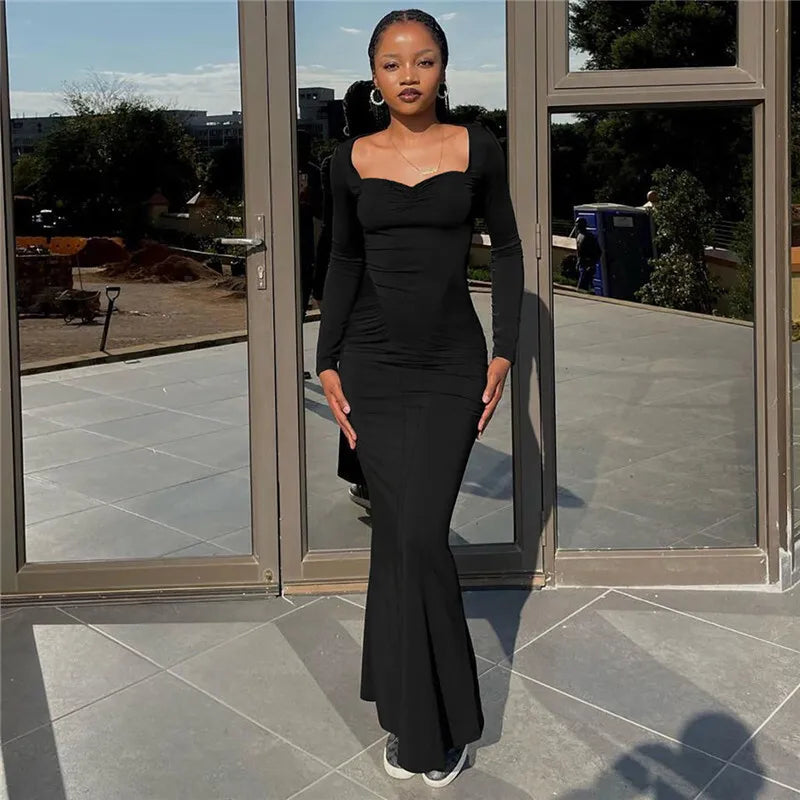 Square Collar Long Sleeve Sexy Long Dress For Women Gown Fashion Elegant Autumn Solid Bodycon Maxi Dress Clubwear