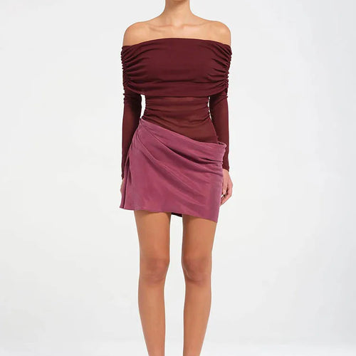 Load image into Gallery viewer, Hollow Out Off-shoulder Sexy Mini Dress Women Fashion Patchwork Strapless Long Sleeve Backless Ruched Club Dress
