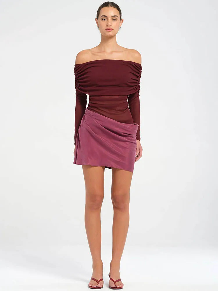 Hollow Out Off-shoulder Sexy Mini Dress Women Fashion Patchwork Strapless Long Sleeve Backless Ruched Club Dress