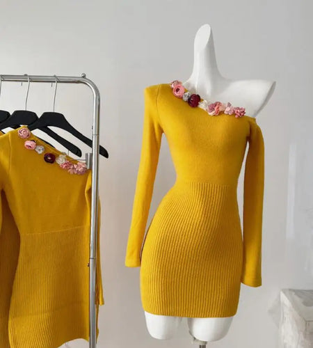 Korean Fashion Yellow Elegant Flower Decoration Slim Knit Dress Vintage Women New Romantic Long Sleeves Short Dress Autumn Trend