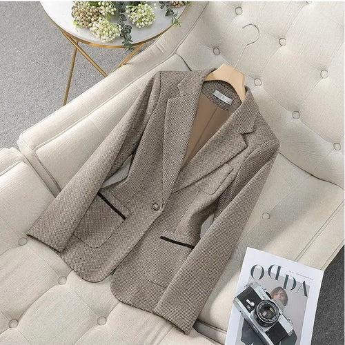 Load image into Gallery viewer, Women Thousand Plaid Office Lady Professional Blazer Coat Autumn Winter Long Sleeve Single Button Cardigan Jacket Fashion Tops
