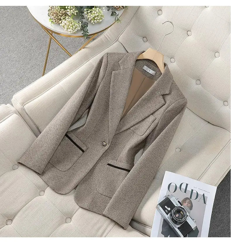 Women Thousand Plaid Office Lady Professional Blazer Coat Autumn Winter Long Sleeve Single Button Cardigan Jacket Fashion Tops