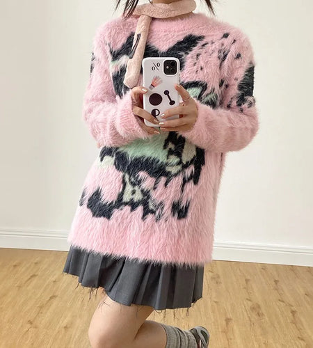 Japanese Y2k Pink Sweater Vintage Harajuku Knitted Pullover 2000s Aesthetic Kawaii Oversized Knitwear Mohair Cute Lolita