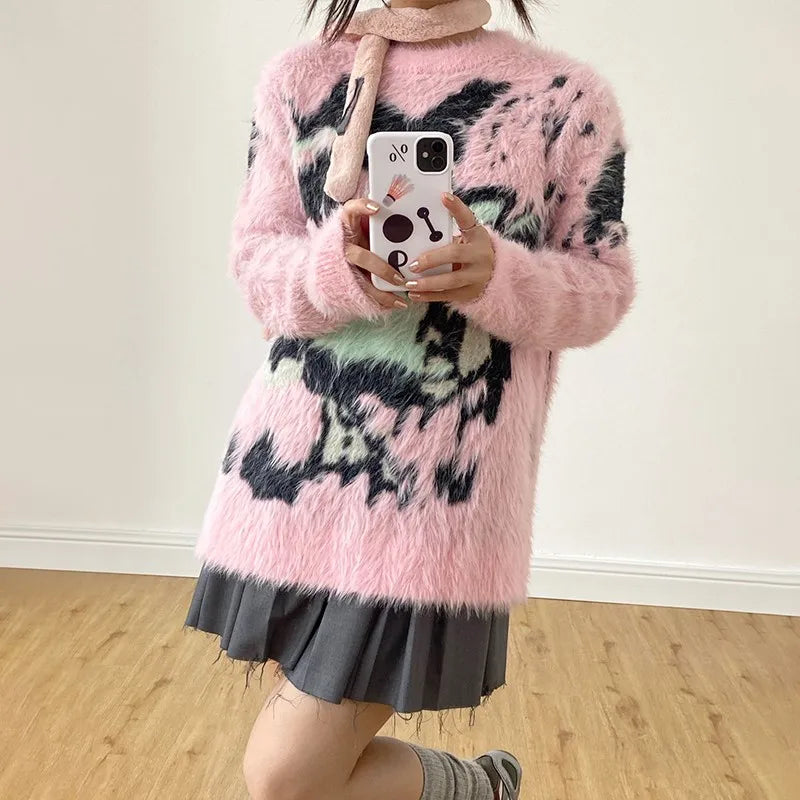 Japanese Y2k Pink Sweater Vintage Harajuku Knitted Pullover 2000s Aesthetic Kawaii Oversized Knitwear Mohair Cute Lolita