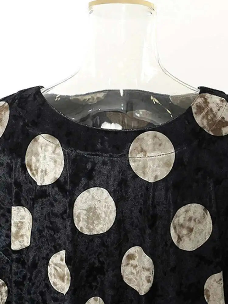 Women Black Dot Velvet Big Size Elegant Dress New Round Neck Long Sleeve Loose Fit Fashion Tide Spring Autumn 2025 1DH2819