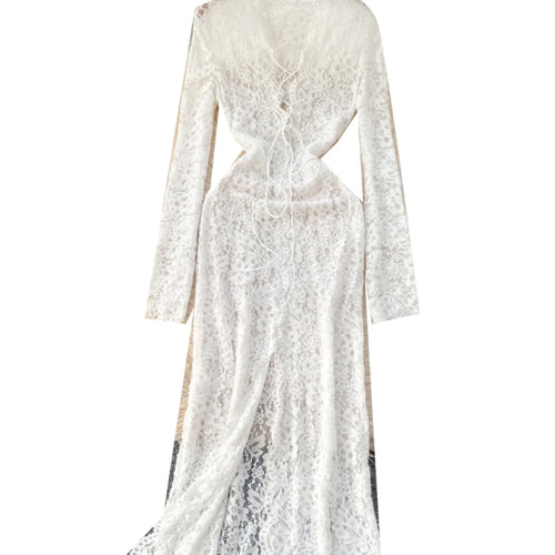Load image into Gallery viewer, Vintage Women White Lace Hollow Out Bandage Elegant Party Dress French Fashion Long Sleeve Vacation Split Dress 2025 Autumn Chic
