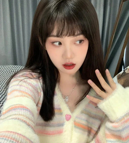 Rainbow Striped Cardigan Women Kawaii Heart Button Japanese Soft Sweet Knitted Sweater Coat Harajuku Y2k Kardigany