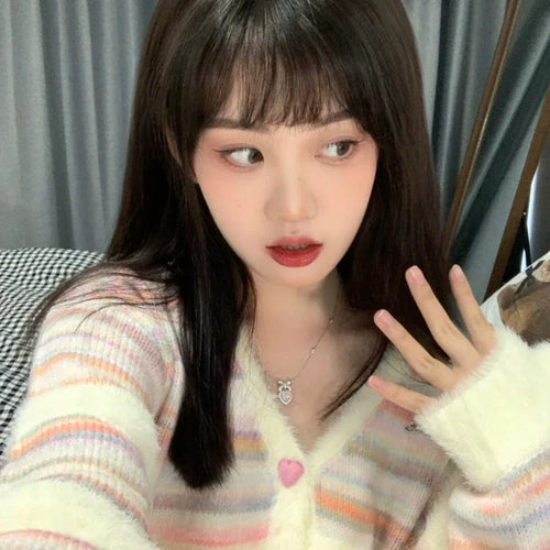 Load image into Gallery viewer, Rainbow Striped Cardigan Women Kawaii Heart Button Japanese Soft Sweet Knitted Sweater Coat Harajuku Y2k Kardigany
