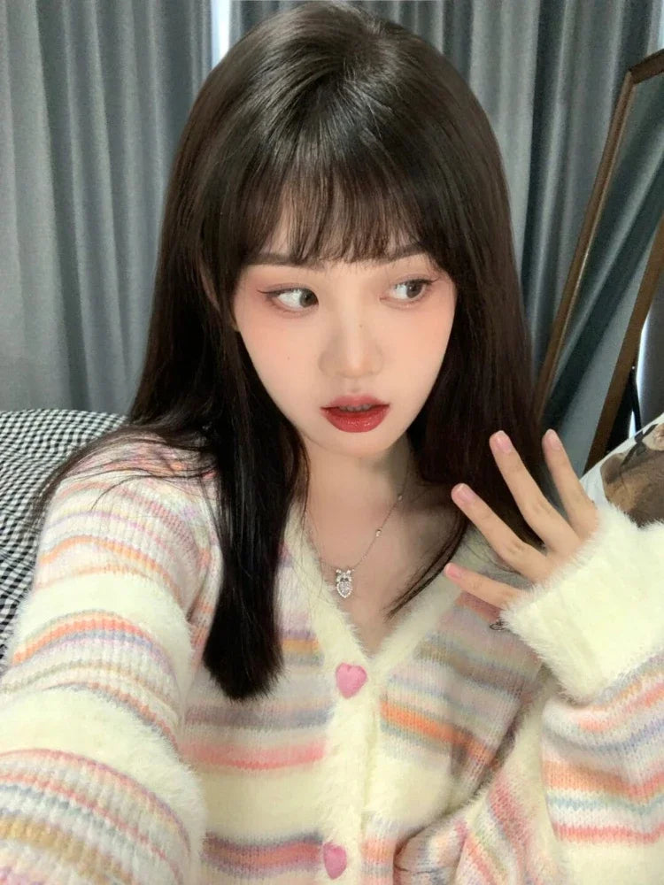 Rainbow Striped Cardigan Women Kawaii Heart Button Japanese Soft Sweet Knitted Sweater Coat Harajuku Y2k Kardigany