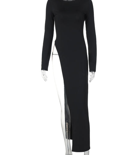 Fashion Solid O Neck Long Sleeve Slit Sexy Bodycon Maxi Dress Fall Winter Women Y2K New Outfits Evening Party Vacation
