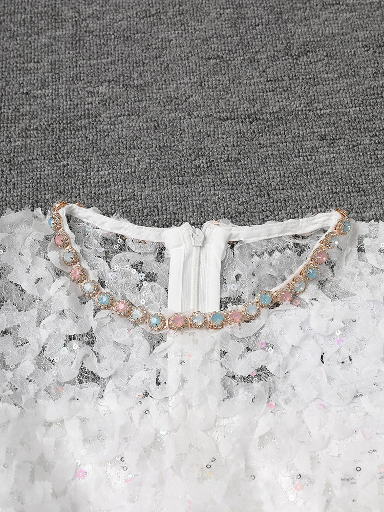 Women White Lace Rhinestones Elegant Slim Mini Dress New Round Neck Short Sleeve Fashion Tide Spring Summer 2025 CPG2980