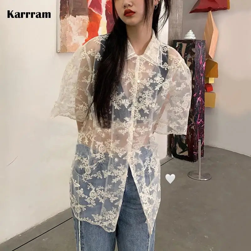 Summer Korean Fashion Lace Shirts Short Sleeve See Through Mesh Blouses Japanese Style Designer Clothes Fairycore Kawaii