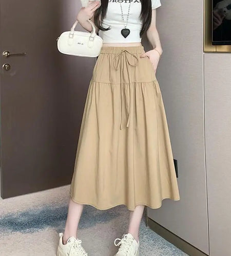 Korean Black High Waist Vacation Slim Pleated Long Skirt Spring Summe Women Khaki Elegant Lace-up Party Skirt Fashion Simplicity