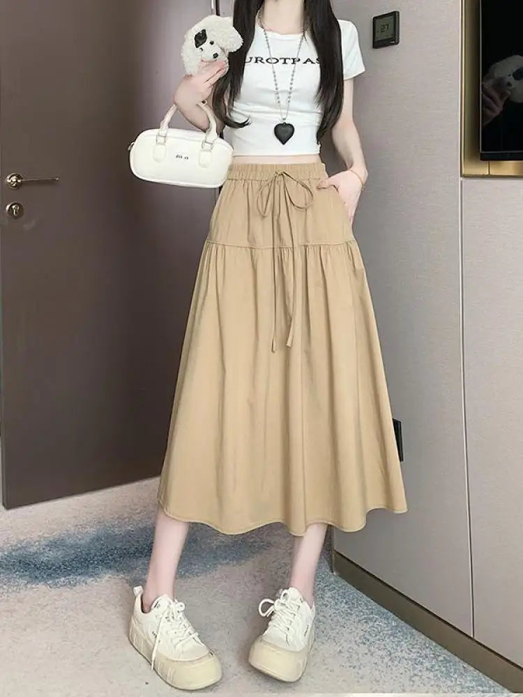 Korean Black High Waist Vacation Slim Pleated Long Skirt Spring Summe Women Khaki Elegant Lace-up Party Skirt Fashion Simplicity