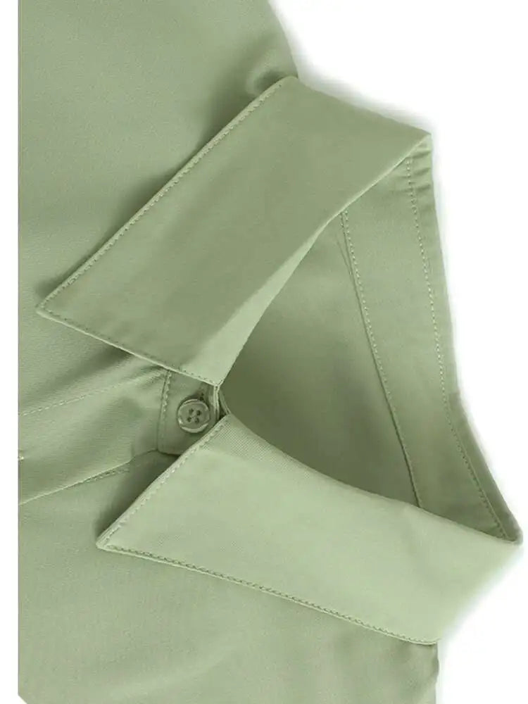 Women Green Hem Irregular Pleated Big Size Shirt Dress New Lapel Long Sleeve Fashion Tide Spring Autumn 2025 1DH6769