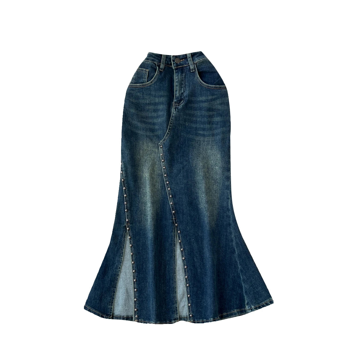 2023 New Women's Rivet Denim Split Long Skirt High Waist Blue Mermaid Jeans Skirts Female A-line Wrapped Hip Fishtail Skirt Chic