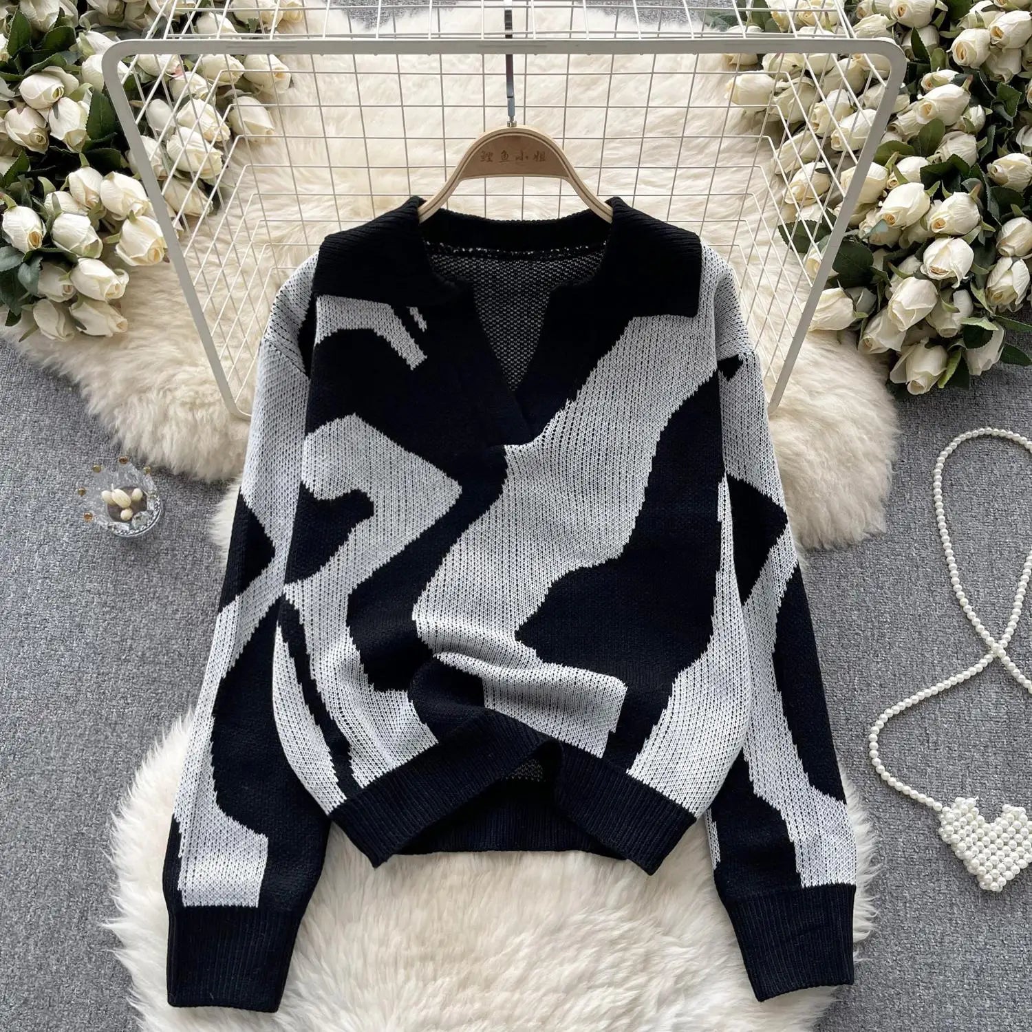 Korean Long Sleeved Patchwork Office Crochet Sweater For Women Autumn Winter Holiday Knit Pullover Tops Fashion Casual Popular
