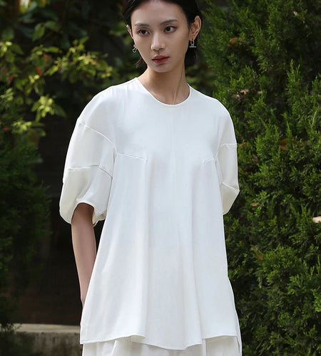 Women White Big Size Irregular Casual T-shirt New Round Neck Half Lantern Sleeve Fashion Tide Spring Summer 2025 1DJ1714