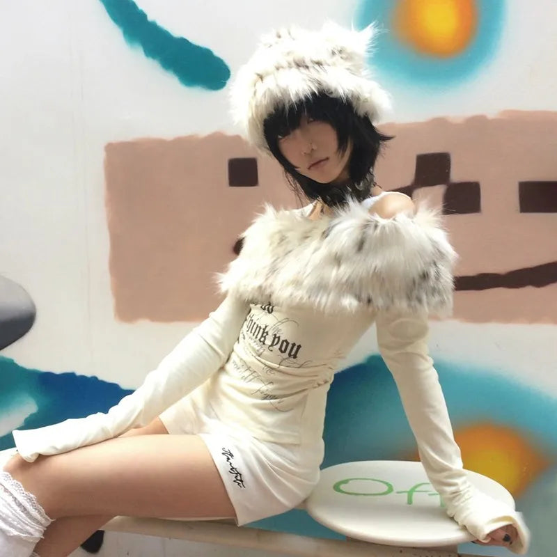 Japanese Y2k Fur Collar Tops 2000s Aesthetics Off Shoulder Knit Tops Vintage Harajuku Letter Print Long Sleeve T-shirt