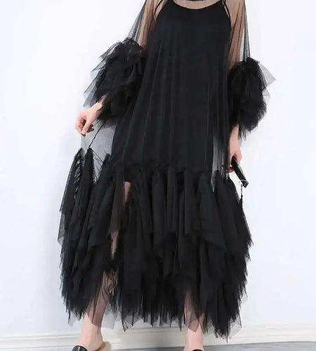 Women Black Ruffles Long Big Size Dress New Round Neck Three-quarter Sleeve Loose Fit Fashion Spring Summer 2025 JR77101