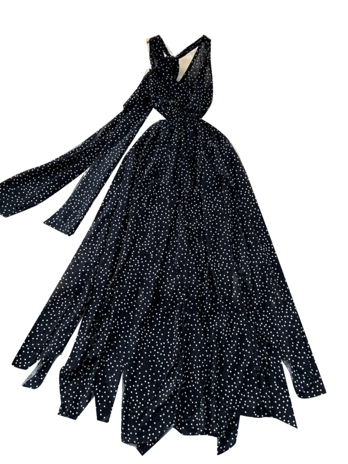 Black Dot Sexy Club V-neck Long Dress Women Slim Sleeveless Backless Irregular Vest Dresses 2024 Summer Ladies New Vestidos Chic