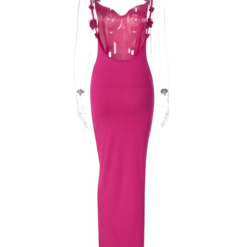 Load image into Gallery viewer, Flower Spaghetti Strap Backless Maxi Dress Women Rose Pink Bodycon Slipdress Ladies Elegant Sexy Club Party Dress
