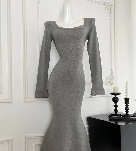 Vintage Women Korean Black Elegant Slim Sequined Fishtail Dress Autumn Grey Square Neck Long Sleeve Vacation Evening Party Dress