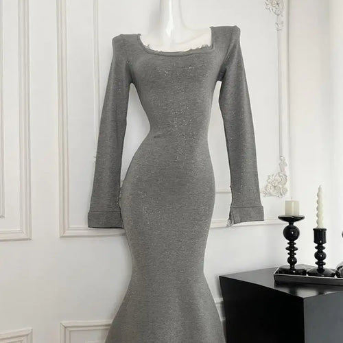 Load image into Gallery viewer, Vintage Women Korean Black Elegant Slim Sequined Fishtail Dress Autumn Grey Square Neck Long Sleeve Vacation Evening Party Dress
