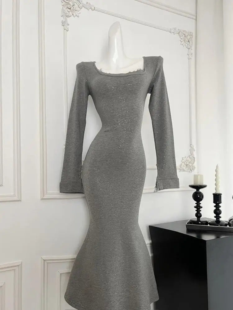 Vintage Women Korean Black Elegant Slim Sequined Fishtail Dress Autumn Grey Square Neck Long Sleeve Vacation Evening Party Dress