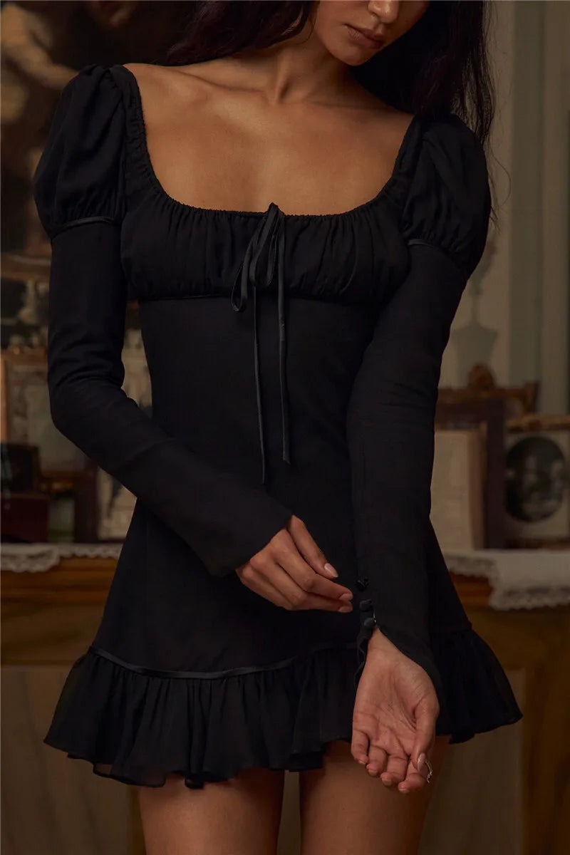 Long Sleeve Ruffled Sexy Mini Dress For Women Fashion Square Collar Backless Lace-up Bodycon Club Party Dress Elegant