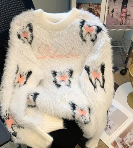 Autumn Winter Vintage Fashion New White Butterfly Print Elegant Mink Sweater Women Pink Round Neck Vacation Pullover Knit Tops