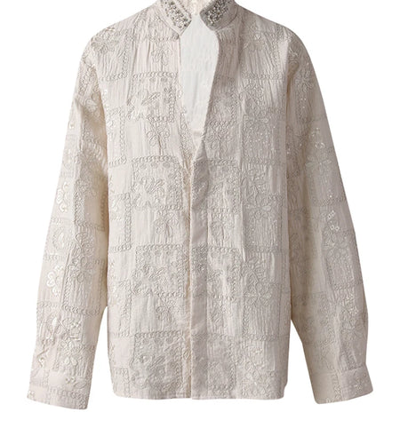 Women Embroidery Linen Pearl Nailed Big Size Blouse New Stand Collar Long Sleeve Shirt Fashion Spring Autumn 2025 CPG3121