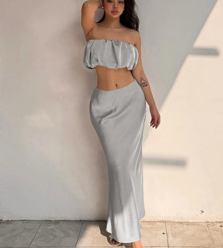 Fashion 2 Piece Sets Solid Strapless Draped Sexy Crop Top Zipper Maxi Skirt Women Clothes Birthday Party Vacation