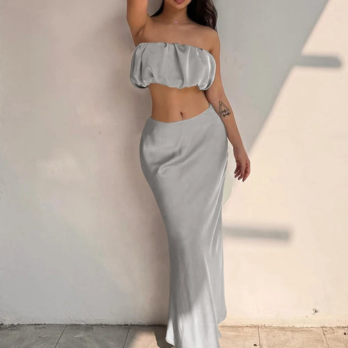 Load image into Gallery viewer, Fashion 2 Piece Sets Solid Strapless Draped Sexy Crop Top Zipper Maxi Skirt Women Clothes Birthday Party Vacation
