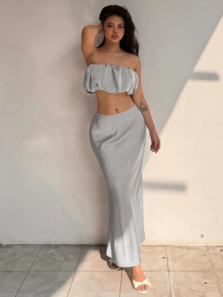 Fashion 2 Piece Sets Solid Strapless Draped Sexy Crop Top Zipper Maxi Skirt Women Clothes Birthday Party Vacation