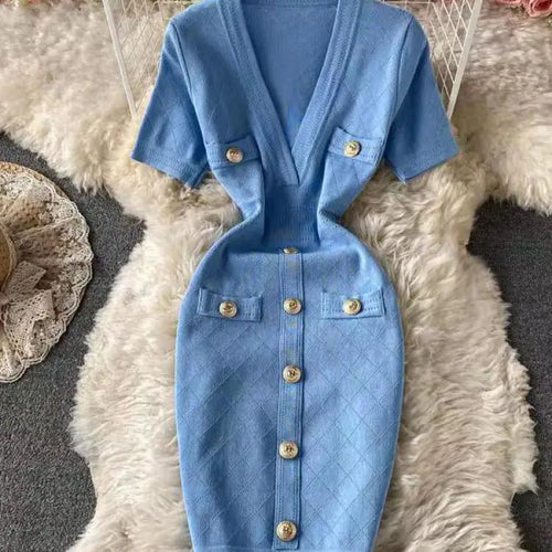 Load image into Gallery viewer, Women 2024 Solid Deep V-neck Short-sleeved Elegant A-line Dress Spring Summer Single Breasted Office Knit Wrap Hip Short Dresses
