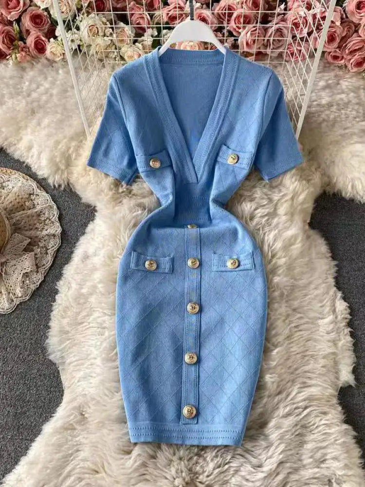 Women 2024 Solid Deep V-neck Short-sleeved Elegant A-line Dress Spring Summer Single Breasted Office Knit Wrap Hip Short Dresses