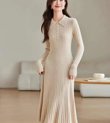 Autumn Winter Solid Long Sleeve Office Lady Knitted Dresses Women Elegant Single Breasted Lapel Festival Dress Fashion Clothing